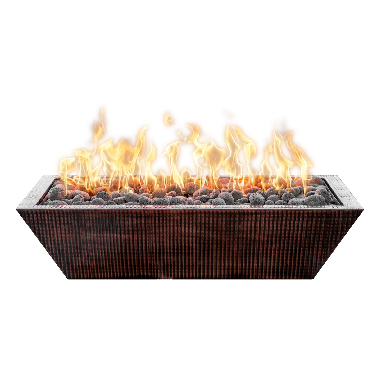 The Outdoor Plus 72x20" Linear Maya Hammered Copper Fire Bowl OPT-7220MCFO